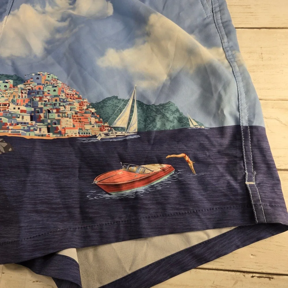 Peter Millar Seaside Mens Blue Coastal Village Scenic Print Swim Trunks Size M